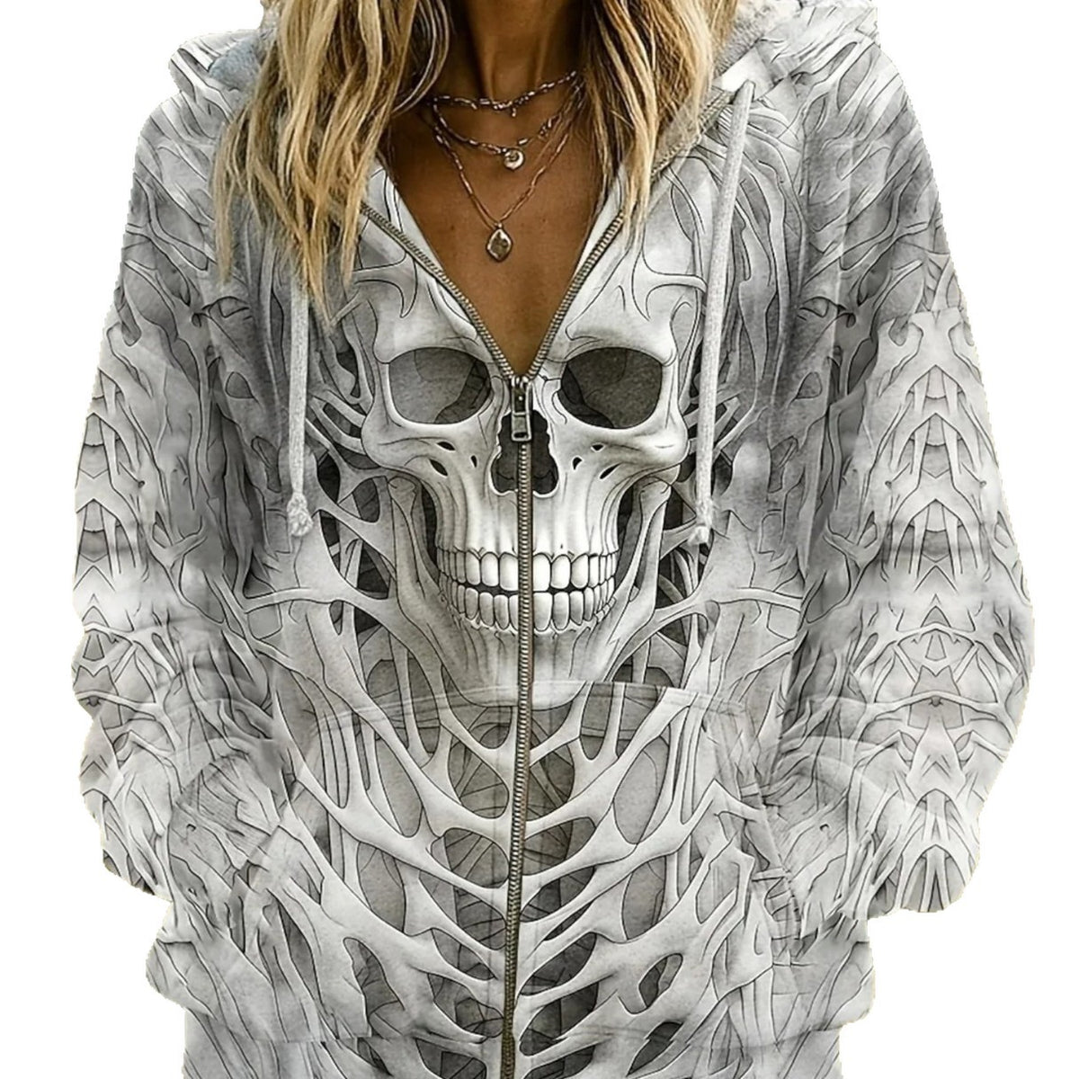 Women's Skull Print Hooded Zip-Up Cardigan Jacket
