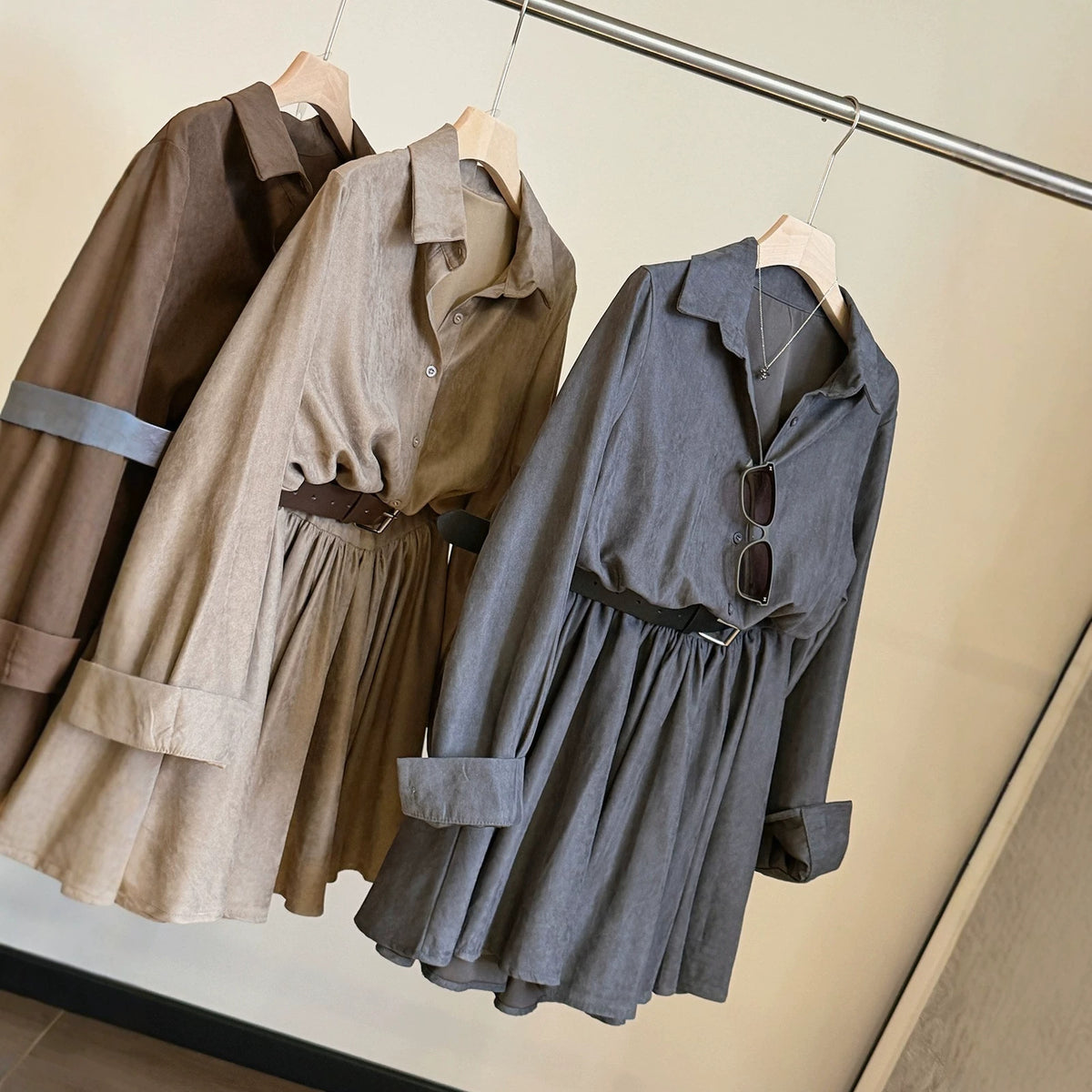 Women's Retro Suede Long-Sleeve Shirt Dress