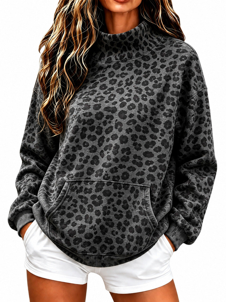 Women's Leopard Print High-Neck Sweatshirt - Loose Casual Fit