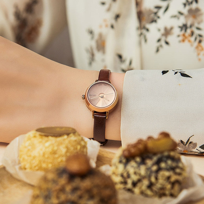 Slim Round Leather Strap Watch for Women