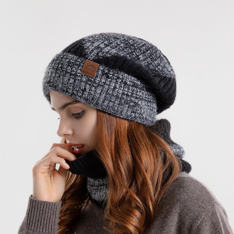 2pcs Knitted Hat Suit With Scarf Winter Two-color And Thick
