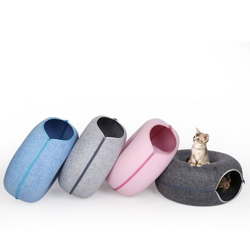 Donut Cat Tunnel Bed Pets House Natural Felt Pet Cave
