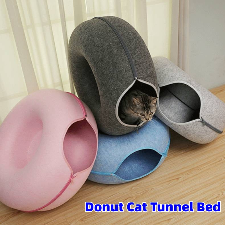 Donut Cat Tunnel Bed Pets House Natural Felt Pet Cave