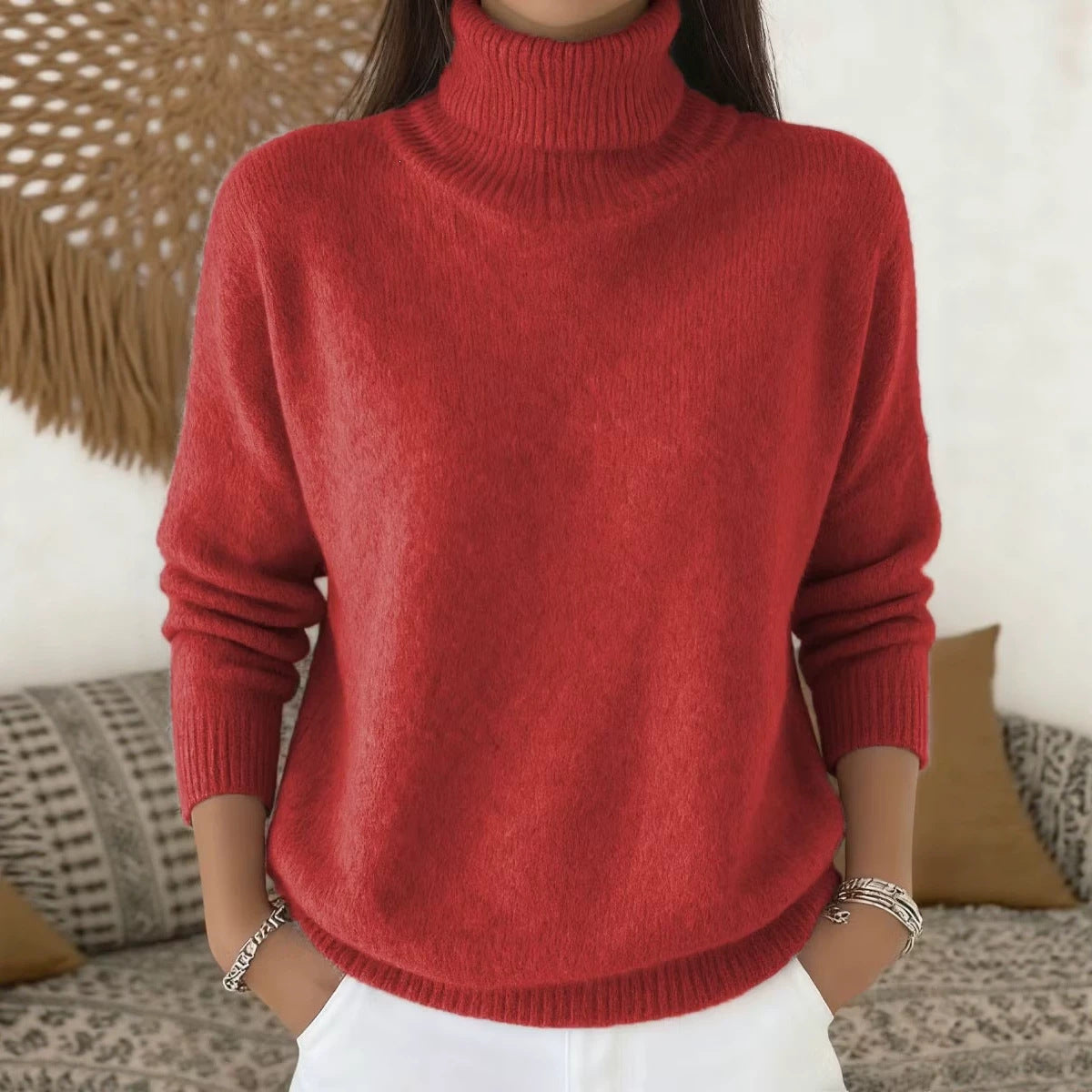 Women's Solid Turtleneck Knit Pullover Sweater