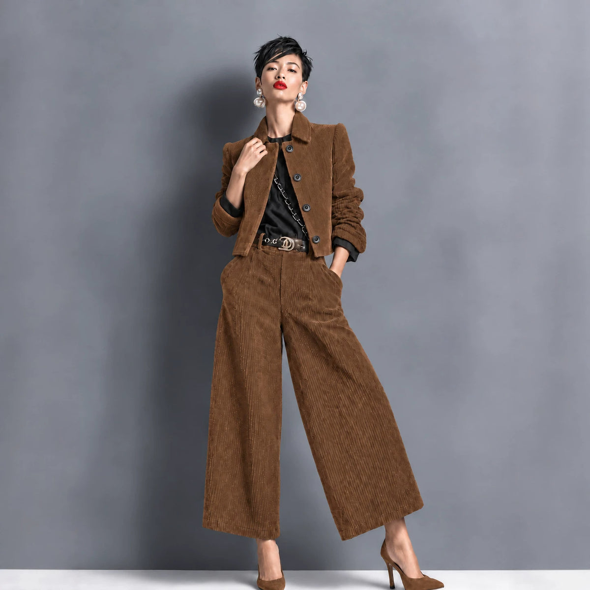 Women's Corduroy Cropped Jacket & Wide-Leg Pants Set
