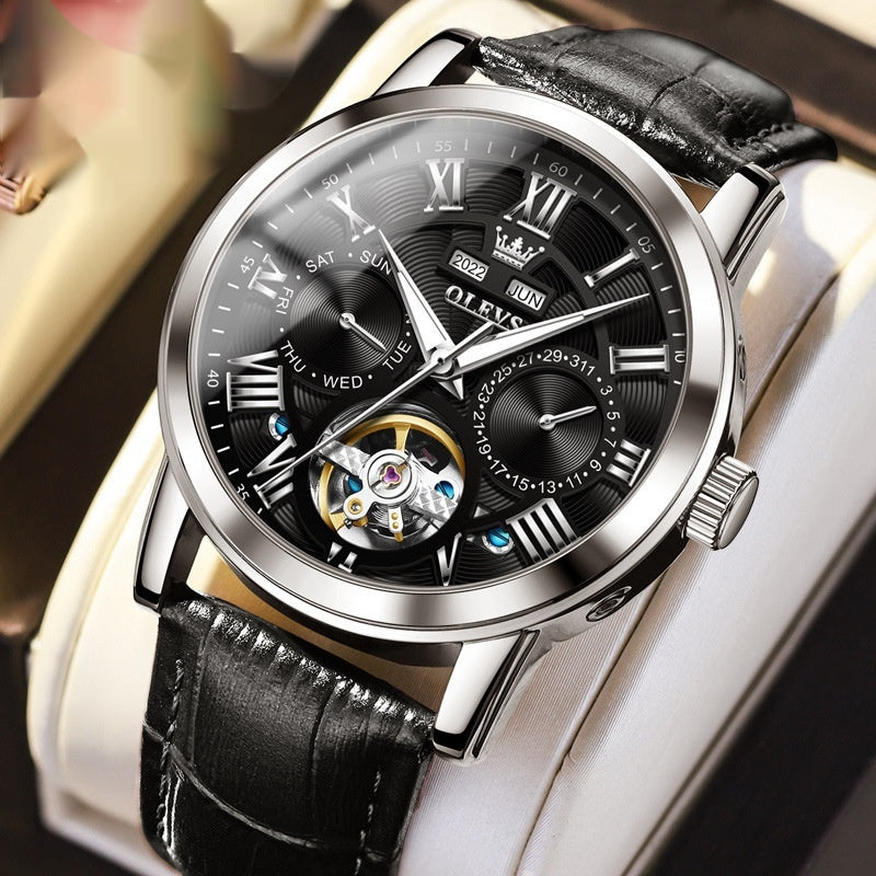Men's Automatic Mechanical Watch with Leather Strap