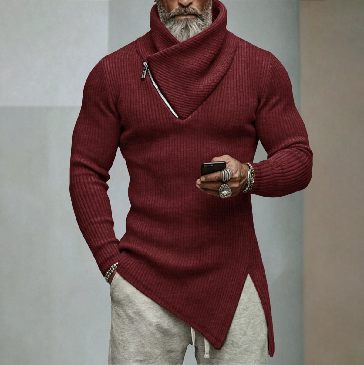 Men's Solid Knit Long-Sleeve Split-Hem Sweater