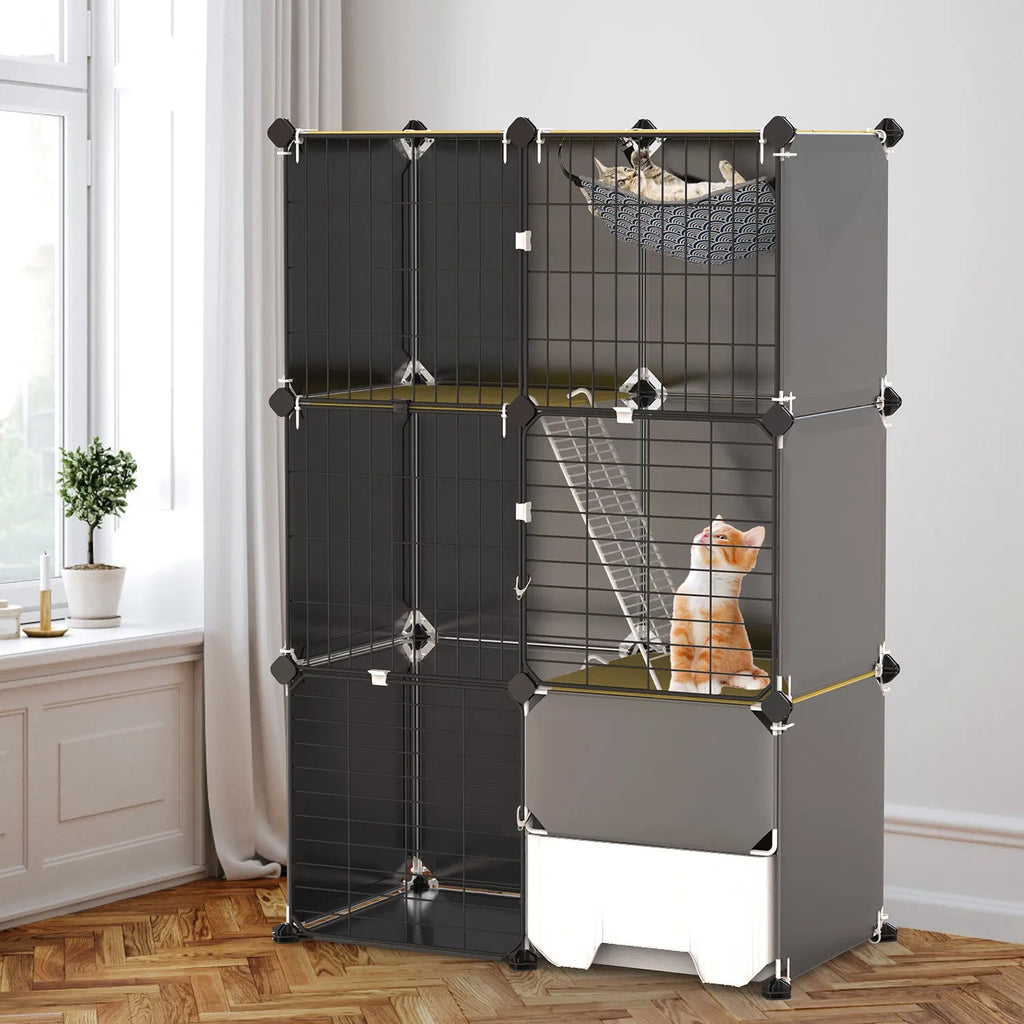 3-Tier Indoor Cat Playpen with Litter Tray & Hammock