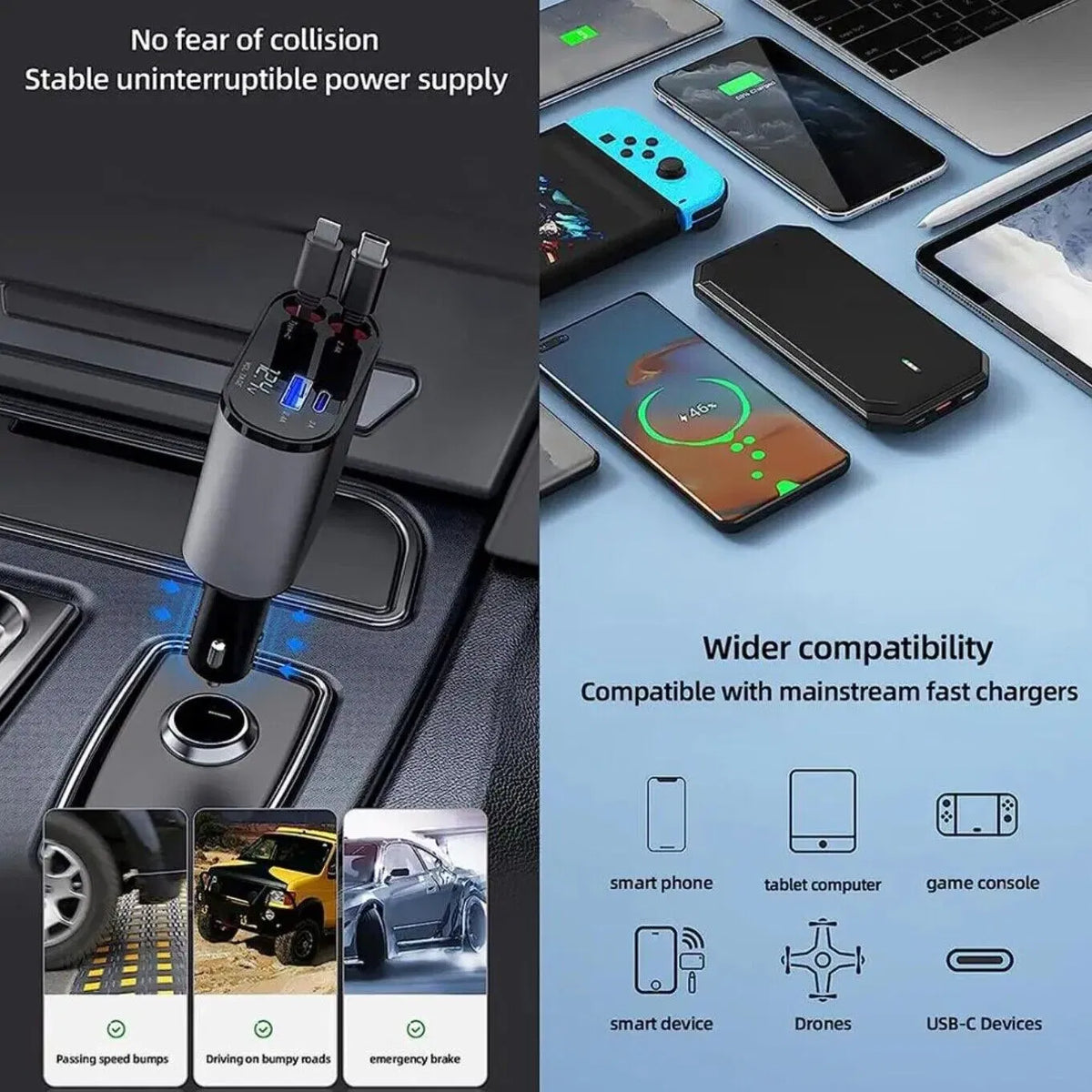 4-in-1 Retractable Car Charger 120W - Fast USB-C Phone Charging