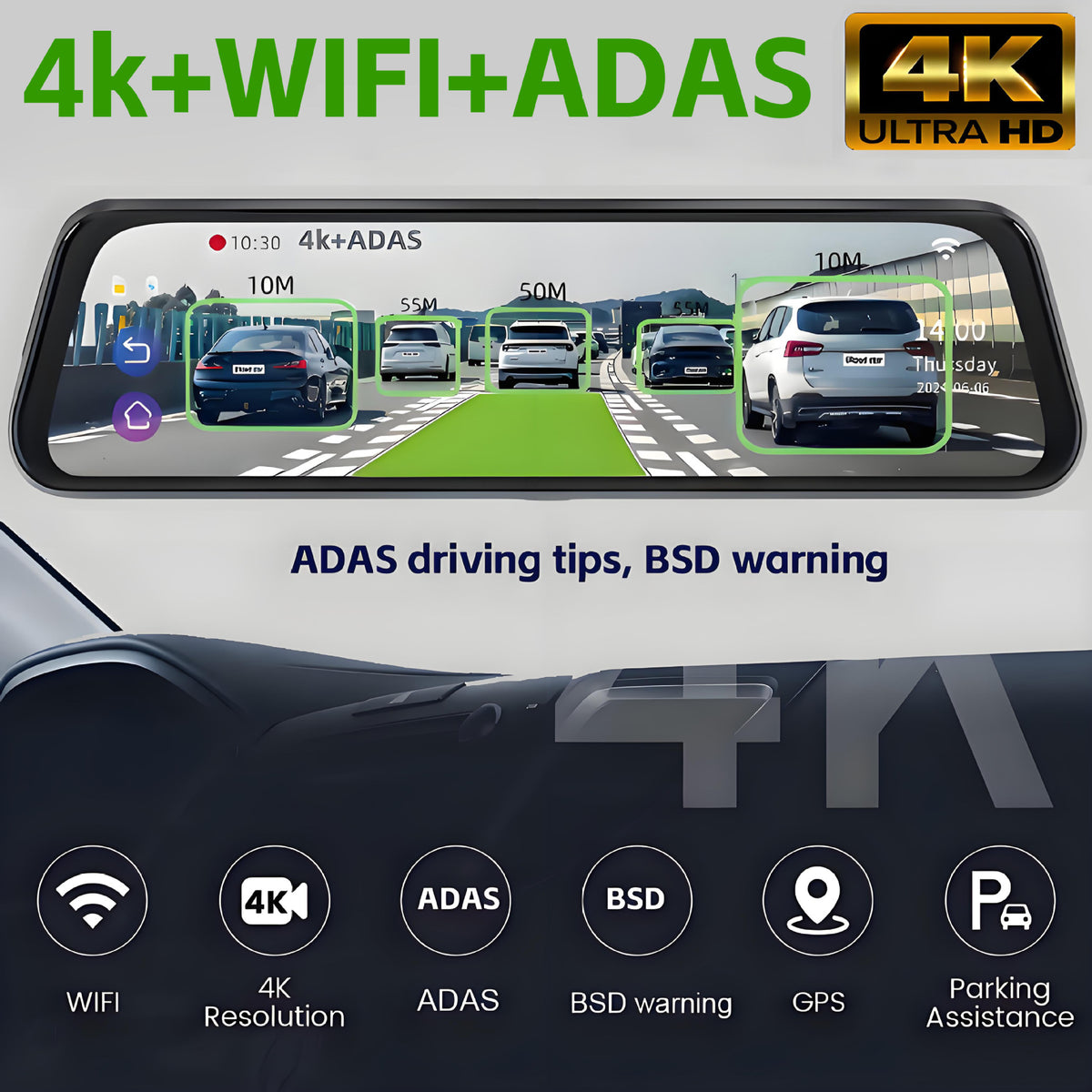 10-Inch Touchscreen Dash Cam — Front & Rear, WiFi, GPS, ADAS