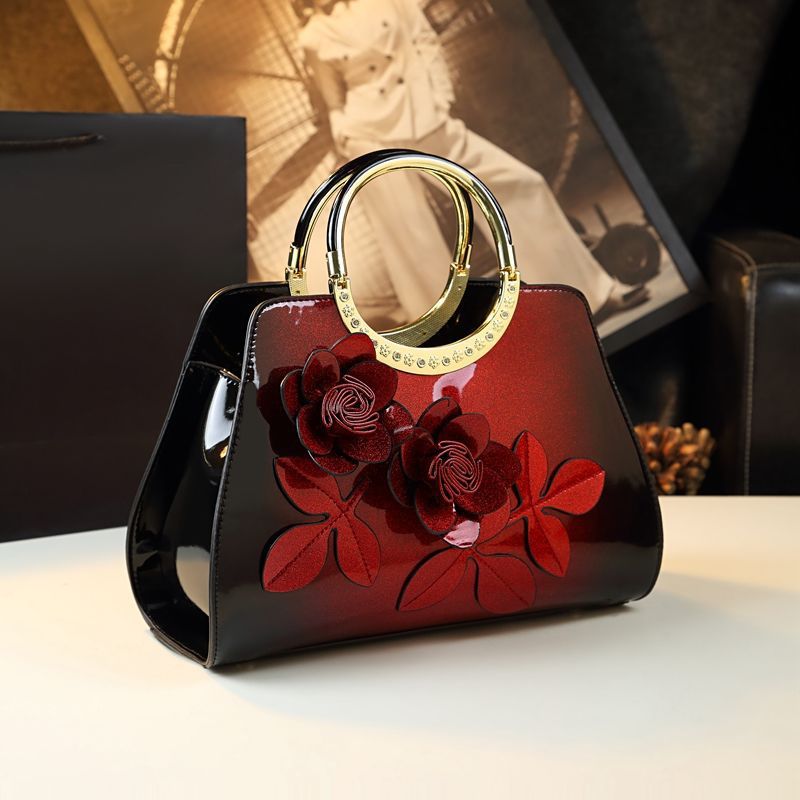 Women's Patent Leather Flower Tote Handbag