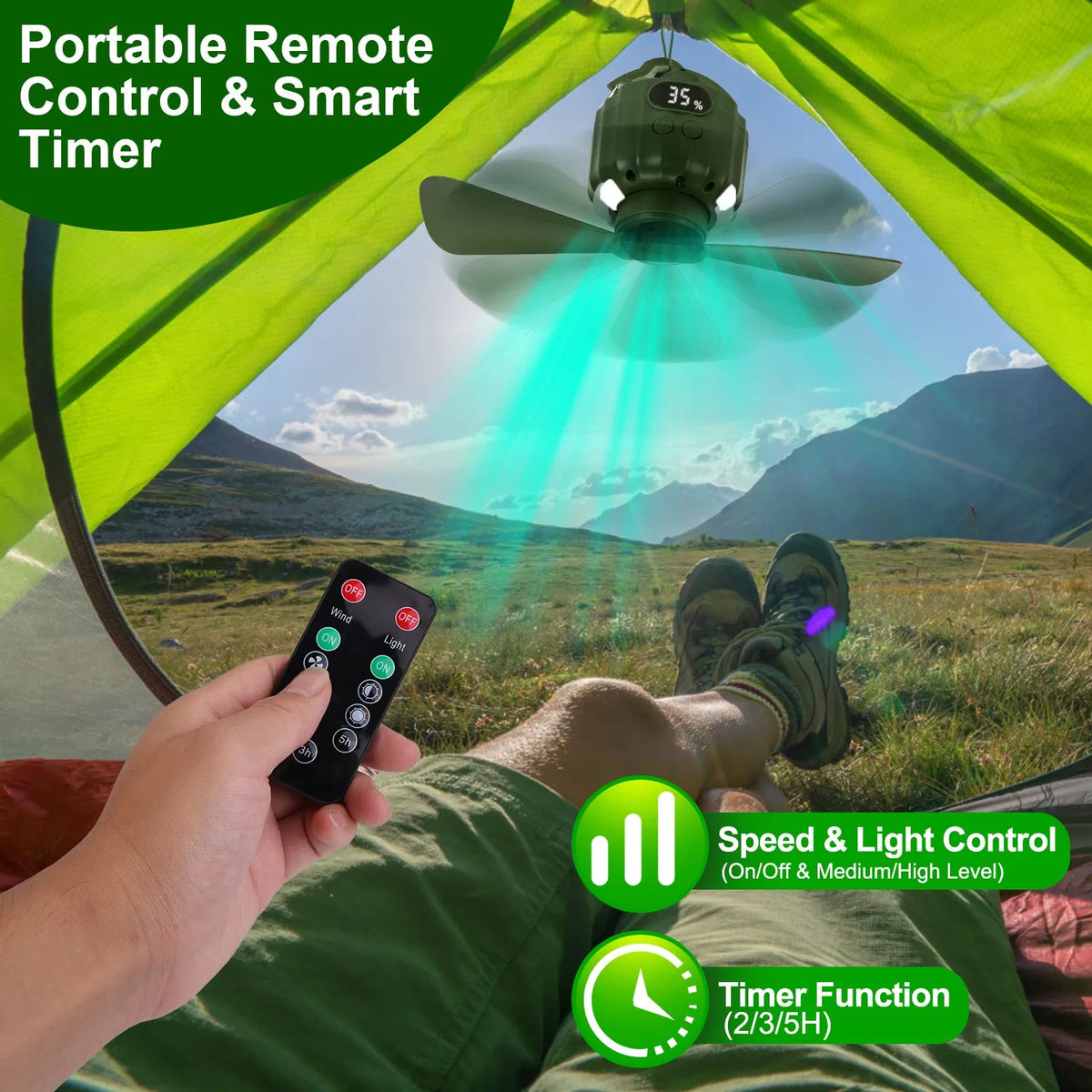 3-in-1 Rechargeable Camping Fan with LED Lantern & Power Bank