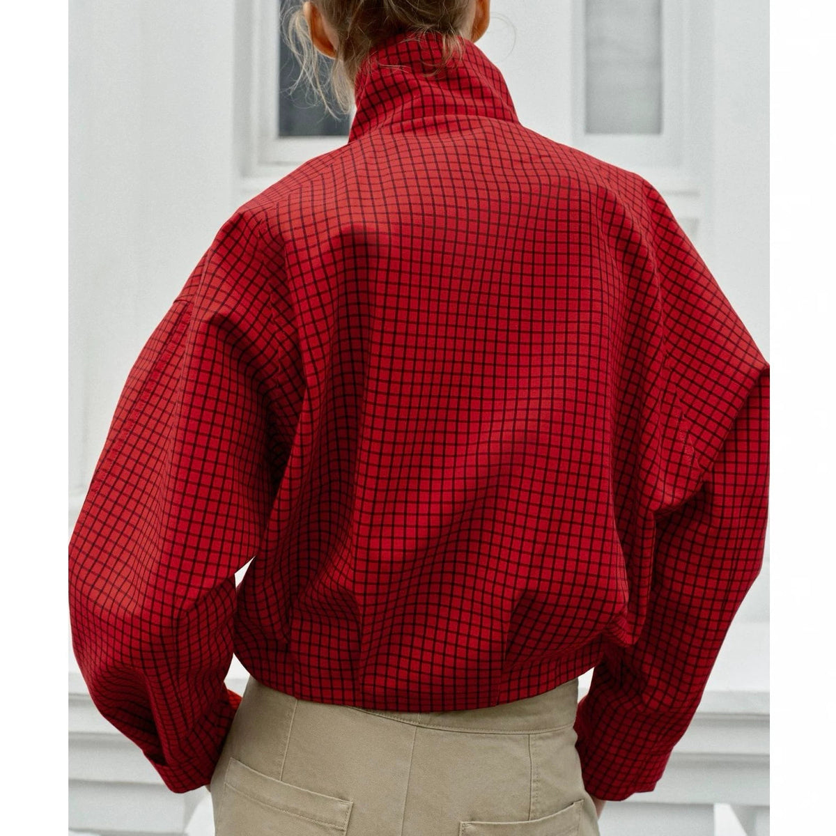 Women's Plaid Stand-Collar Bomber Jacket