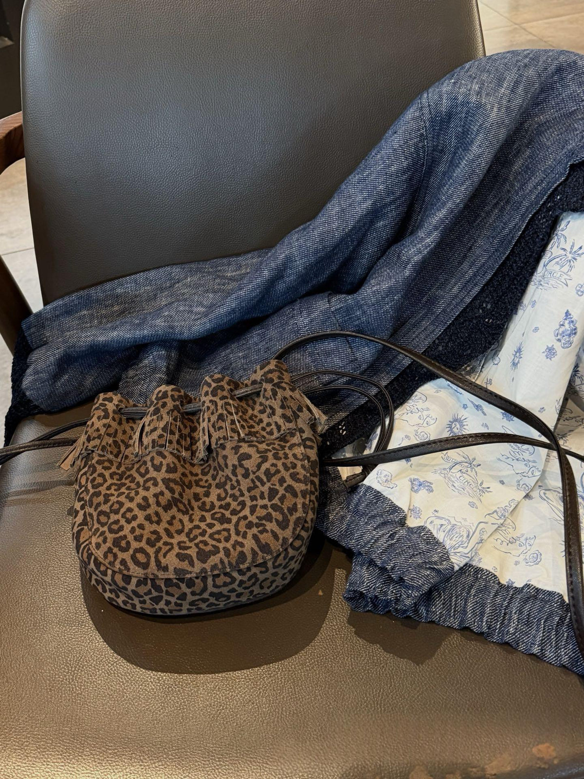Leopard Print Genuine Leather Bucket Bag — Tassel Crossbody
